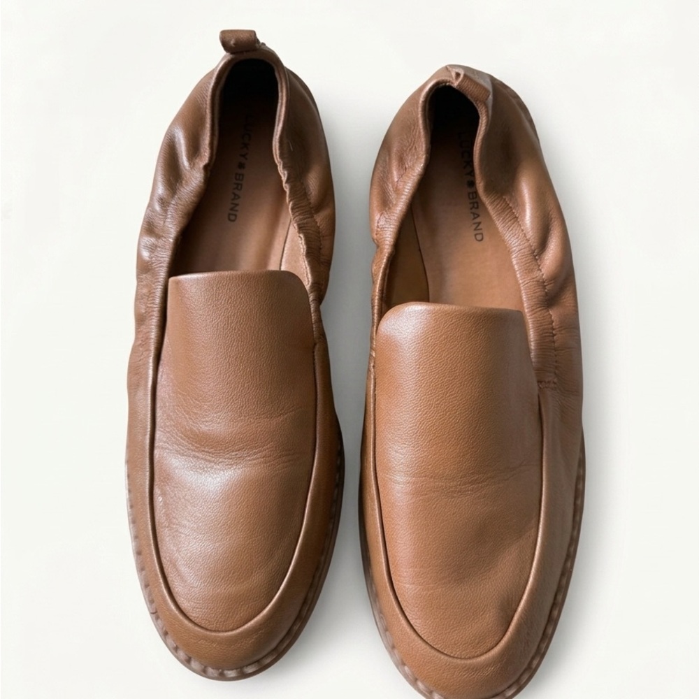 Lucky Brand Maeki Cognac Brown Leather Stretch Heel Loafer Flats - 8.5